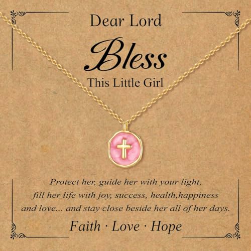 Gold Enamel Mini Cross Necklace Tiny Mother of Pearl Cross Necklace Religious Christian Gift for Baptism First Communion Christmas - color: bless this girl cross necklace-pink