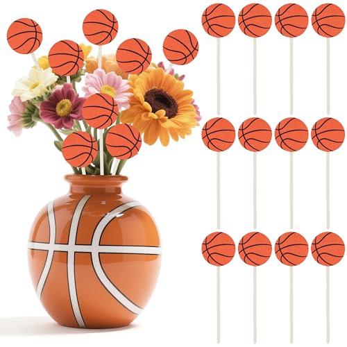 TICIAGA Basketball Wooden Floral Picks - 12PCS Double-Sided Sports Decorative Sticks, 7 Inch Basketball Vase Fillers for Table Centerpiece, Sports Birthday Party, Baby Shower, Home Outdoor Decor - color: Basketball