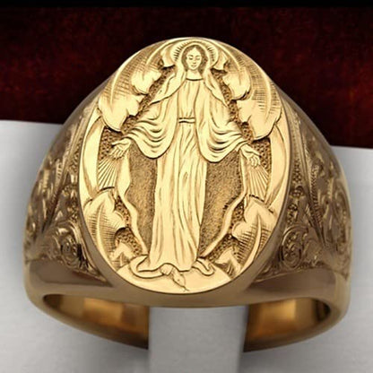 LIOYSIUT Mens Womens Silver Ring 18K Gold Plated Engraved Signet Ring Virgin Mary Bible Verse Prayer Rings Christian High Polished Stackable Plate Knuckle of Religious Gifts Jewelry Size 9 - size: Size 9