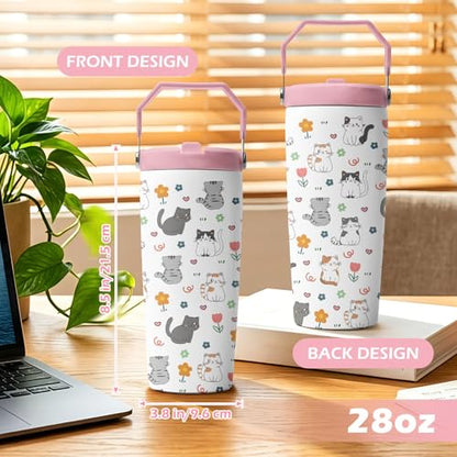 Hiboss Cat Tumbler with Handle and Flip Straw 28oz, Insulated Stainless Steel Cute Cats Travel Cup Mug, Christmas Birthday Gifts for Cat Lovers Kids Girls Teens Women - color: Cat