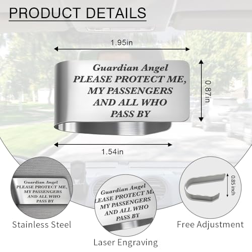 Guardian Angel Please Protect Me Engraved Stainless Steel Car Visor Clip, Inspirational Guardian Angel Safe Driving Gifts for Family Friend Driver, Sweet 16 Birthday Gifts for New Driver - color: silver010