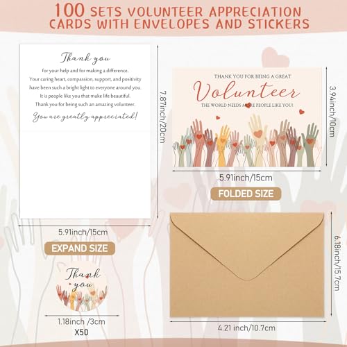 100 Sets Volunteer Thank You Cards Envelopes Stickers Appreciation Gifts