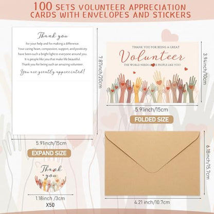 100 Sets Volunteer Thank You Cards Envelopes Stickers Appreciation Gifts