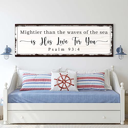 Tailored Canvases Christian Wall Art Decor - Religious Bible Verses Sign for Gifts, Home, Living Room & Bedroom - Inspirational Scripture Quotes Signs - Psalm 93:4 Mightier than Waves is His Love, 48x16in - color: Grunge Brown Psalm 93:4 Mightier than the