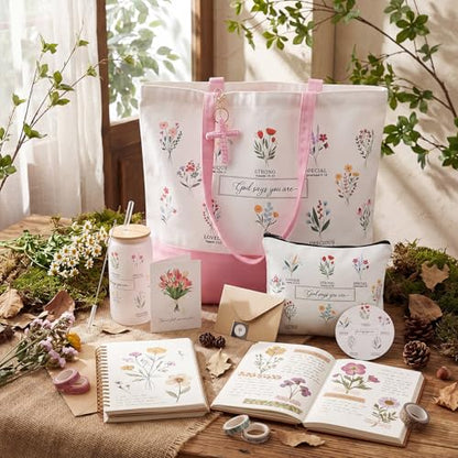 Aliceset 6 Pcs Religious Christian Gifts for Women Bible Verse Tote Bag Cosmetic Bag Glass Cup Keychain for Catholic Church(Pink) - color: Pink