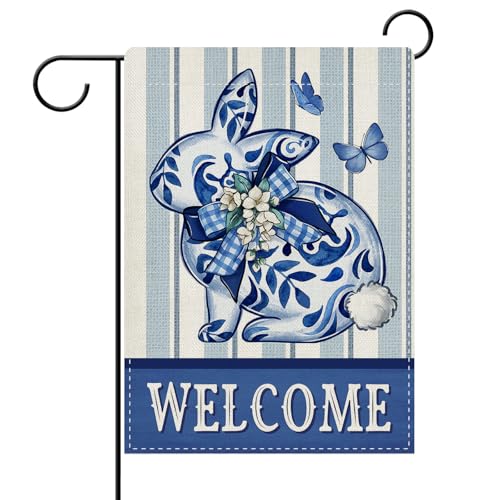 Dyrenson Welcome Easter Chinoiserie Bunny Decorative Garden Flag - color: Bule Rabbit, size: 12" x 18"