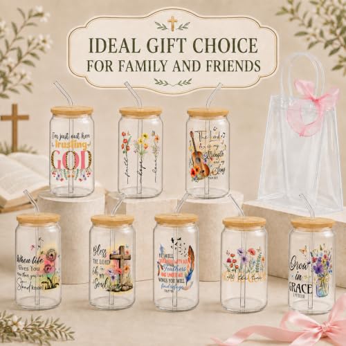 Iced Coffee Mugs, 8 Sets, Glass, 16 oz, Reusable, Christian Boho - color: Christian Faith
