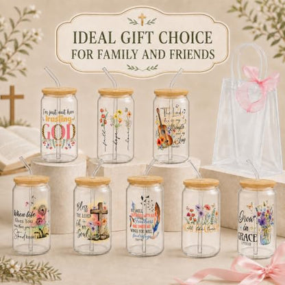 Iced Coffee Mugs, 8 Sets, Glass, 16 oz, Reusable, Christian Boho - color: Christian Faith