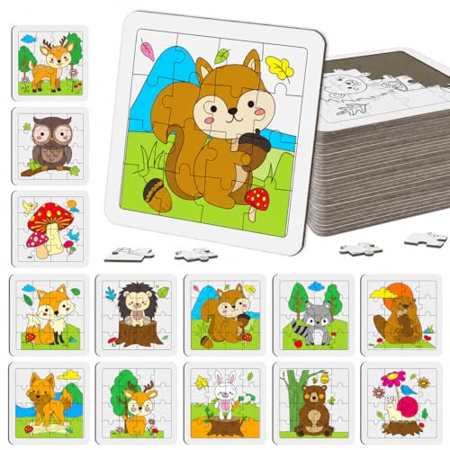 Cinrobiye 24 PCS Woodland Animal Coloring Jigsaw Craft Kit for Kids, DIY Forest Creature Activity Set Bulk with 12 Designs, Wildlife Birthday Party Favors, Classroom Art Projects - color: Woodland