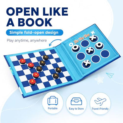 TRAVOFUN Magnetic Checkers Board Game | Travel Games for Kids 8-12 - style: Checkers&Tic-Tac-Toe