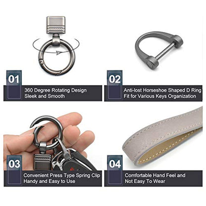 Car Fob Key Chain Genuine Leather Keychains Holder for Men and Women, 360 Degree Rotatable, with Anti-lost D-Ring, Circle Carabiner and Key Rings, Gray Grey - color: Gray