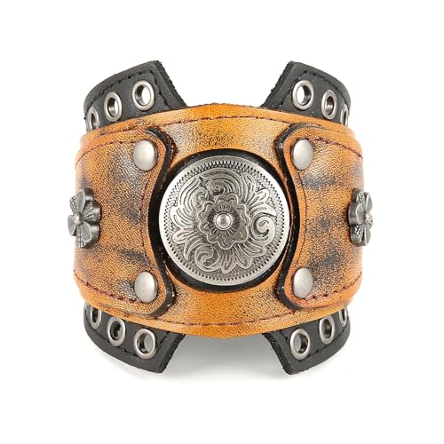 HZMAN Leather Bracelets Retro Men's Leather Cuff Bracelet Adjustable Wide Wristband Bracelet Jewelry Gift - color: Brown