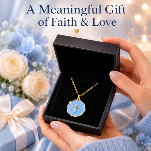 Enamel Cross Necklace for Women 18K Gold Plated Christian Pendant - color: Blue