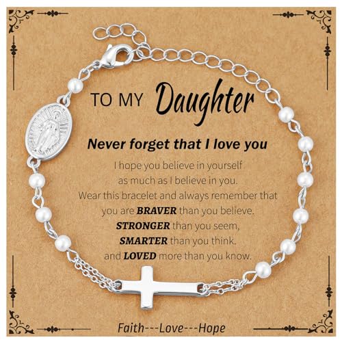 Catholic Bracelets Gifts for Women Girls, Simulated Pearl Rosary Beads Virgin Mary Cross Charm Bracelet Confirmation First Communion Baptism Religious Christian Jewelry Gift - color: To My Daughter Silver