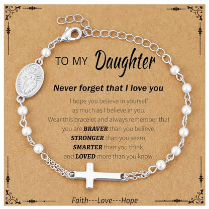 Catholic Bracelets Gifts for Women Girls, Simulated Pearl Rosary Beads Virgin Mary Cross Charm Bracelet Confirmation First Communion Baptism Religious Christian Jewelry Gift - color: To My Daughter Silver