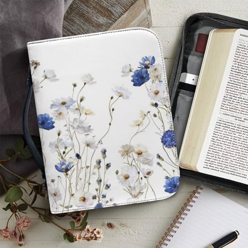 Leather Bible Cover Case Bible Case for Girls and Women Bible Bags with Leather Bookmark (Set of 1),Blue Flowers and White Fowers,Large - color: Blue Flowers and White Fowers, size: Large