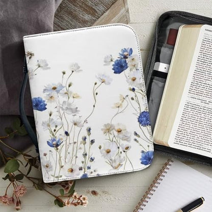 Leather Bible Cover Case Bible Case for Girls and Women Bible Bags with Leather Bookmark (Set of 1),Blue Flowers and White Fowers,Large - color: Blue Flowers and White Fowers, size: Large