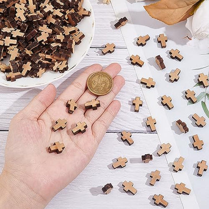 SUNNYCLUE 200Pcs Cross Beads Bulk Easter Wooden Cross Beads Wood Charm Natural Mini Tiny Crucifix Pendants Small Loose Spacers for Jewelry Making Rosary Bracelets DIY Supplies