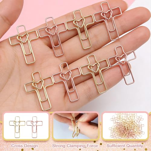 100 PCS Heart Cross Paper Clips for Bible Study Supplies,Christian Gifts,Jesus Bible Stuff Bookmark journaling Supplies Accessories, Easter Eggs fillers, Teacher Gifts (Gold and Rose) - color: Gold and Rose