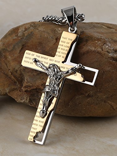 HZMAN Men's Stainless Steel Cross Crucifix Bible Prayer Pendant Necklace - color: Gold