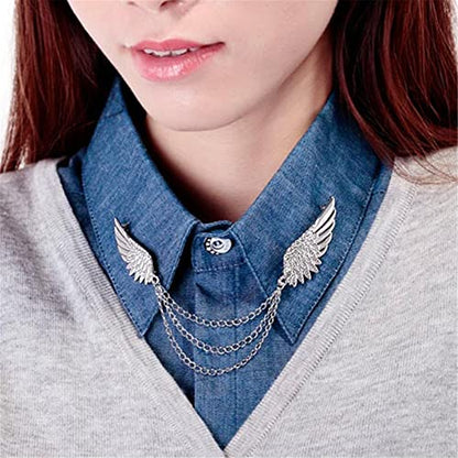 WCRAZYE Shiny Rhinestone Metal Feather Lapel Pin Angel Wings Tassel Chain Brooch Collar Pins for Women Girls Men's Animal Eagle Pin Suit Sweater Shawl Coat Breastpin Accessories - color: Silver Wings Pins