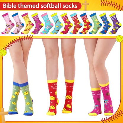 Suhine 12 Pairs Softball Bible Verse Socks Christian Softball Team Socks I Can Do All Things Religious Appreciation Gift Crew Cotton Birthday Sport Party Gifts for Women Men Sport Lovers Team Players