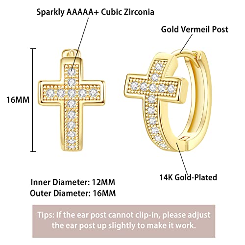 14K Gold Huggie Earrings for Women Silver Huggie Hoop Earrings Cubic Zirconia Huggie Earrings Stud Earrings Lightweight Dainty Hypoallergenic Earrings Jewelry Gifts - color: Gold Cross CZ Huggie Earrings