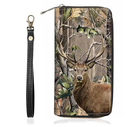 Jungle Camo Deer Print Wallet for Women Large Capacity Wallet Credit Card Holder PU Leather Zipper Clutch Purse Phone Wallet - color: Jungle Camo Deer