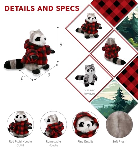 DolliBu Super Soft Raccoon Stuffed Animal with Plaid Red Hoodie Sweater and Personalization - Raccoon Plush Lumberjack Stuffed Toy with Plaid Jacket Dress Up for Christmas, Holiday, Winter - 9 Inches