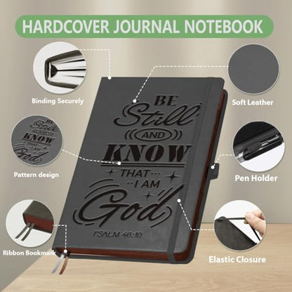 A5 Bible Verse Psalm Leather Journal, 300 Pages Lined Notebook, Grey Vintage Pattern Hardcover Notebook for Travel Diary, Business, Work and School Daily Writing - style: Bible Verse