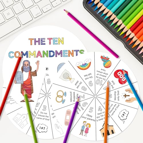 COcnny Ten Commandments Coloring Craft - 24 Sets Color Your Own Religious Art Wheel Kit for Kids, 10 Commandments DIY Craft Art Cards for Sunday School Christian Classroom Home Activities VBS Supplies - style: Ten Commandments