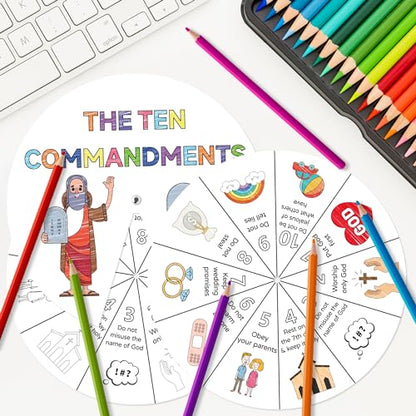 COcnny Ten Commandments Coloring Craft - 24 Sets Color Your Own Religious Art Wheel Kit for Kids, 10 Commandments DIY Craft Art Cards for Sunday School Christian Classroom Home Activities VBS Supplies - style: Ten Commandments