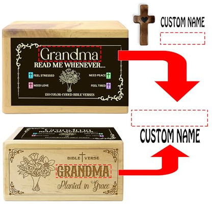 Personalized Grandma Bible Verse Box with 150 Color-Coded Scripture Cards, Custom Name Prayer Box with Pocket Cross, Christian Gift for Grandma, Christmas, Mother’s Day - color: Grandma
