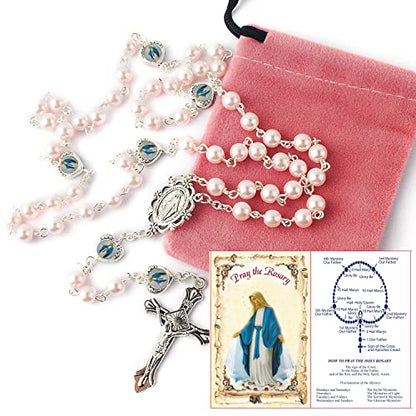 HanlinCC Catholic Miraculous Rosary Glass Pearl Beads Pray Card & Gift Bag - color: Pink