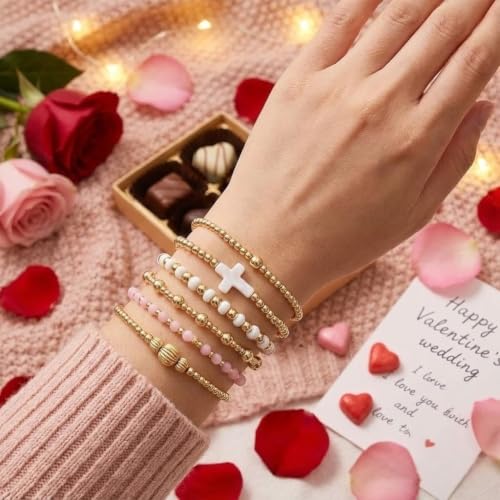 Gold Beaded Bracelets Stack for Women Stackable 14K Gold Plated Beads Ball Cross Bracelet Boho Christian Jewelry Faith Friendship Birthday Gifts for Women - color: 6pcs-Pink White