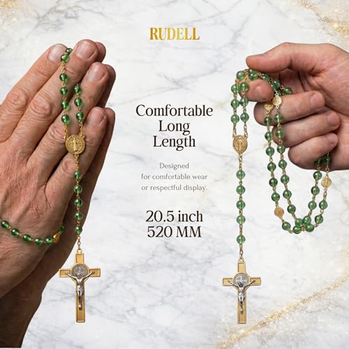 RUDELL Rosary Beads Catholic for Women - Rosary Necklace for Women with Pearl Beads - Medal Cross Saint Benedict Rosary for Men - Prayer Rosarios Catolicos Jewelry Gift - color: Green