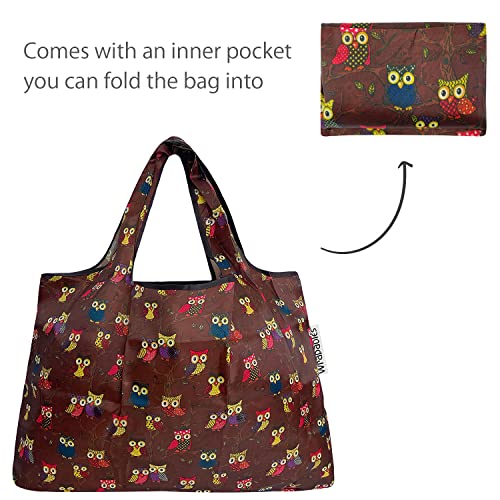 allydrew Large Foldable Tote Nylon Reusable Grocery Bags - color: Set of 2, Owls Brown, size: Large & Small (Set of 2)