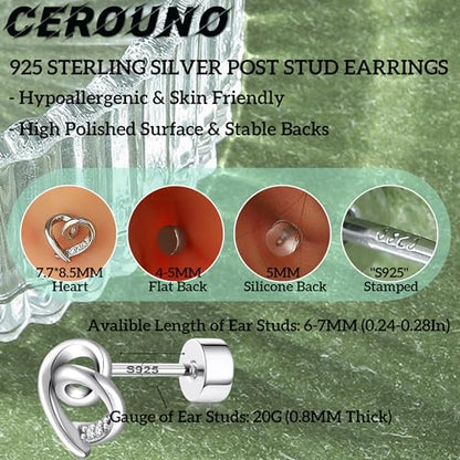 CEROUNO Flat Back Stud Earrings - 925 Sterling Silver Post Flatback Earrings Gold Silver Cubic Zirconia Earrings Studs for Women - color: Silver Heart