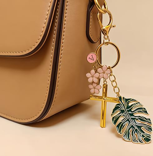 Cross Keychain for Women Jesus Christian Purse Bag Charms Key Charm Gifts for Women Purse Charms for Handbags - color: Gold Tone With Pink Flower