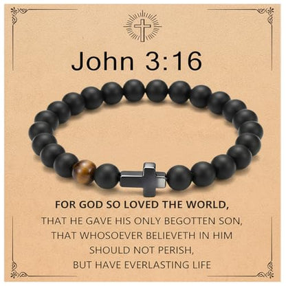 Men’s Cross Bracelet with Elastic Rope,Natural Stone Beaded Bracelet with Stainless Steel Cross,Black Agate & Tiger Eye, Religious Fashion Jewelry for Men/teen - color: John 3:16, size: 8