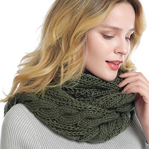 Winter Women Thick Cable Knit Ribbed Infinity Circle Loop Scarf - color: Dark Olive