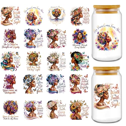 Rngmsi UV DTF Cup Wrap - 20 Pcs Motivational Black Women UV DTF Stickers, Inspirational Affirmation Prayer Themed Waterproof UVDTF Transfer Decals for 16 oz Glass Cups Mug DIY Crafts - style: Motivational Black Women