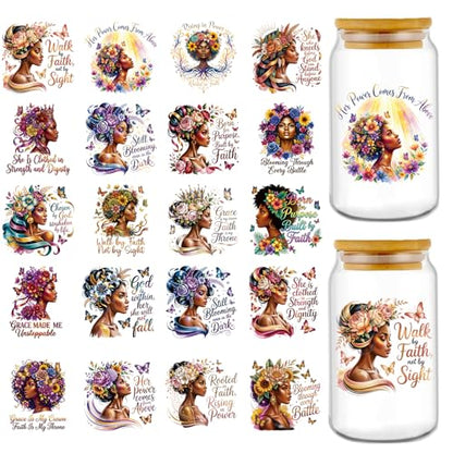 Rngmsi UV DTF Cup Wrap - 20 Pcs Motivational Black Women UV DTF Stickers, Inspirational Affirmation Prayer Themed Waterproof UVDTF Transfer Decals for 16 oz Glass Cups Mug DIY Crafts - style: Motivational Black Women