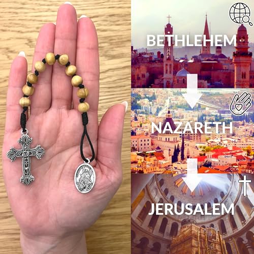 Pocket Rosary, Prayer Beads with Saints Medal and Cross/Crucifix - style: St Michael, 10 Beads, Natural Wood, One Decade