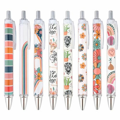8PC Boho Pens Bohemian Rainbow Hippie Daisy Floral Cactus Highland Country Cow Western Black Pen Office School Supplies Accessories Summer Party Favors Stationery Gift Set For Women Friends Coworkers - style: Bohemian