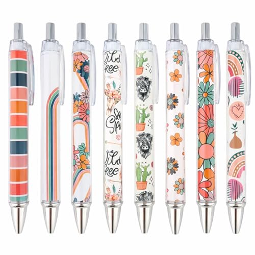 8PC Boho Pens Bohemian Rainbow Hippie Daisy Floral Cactus Highland Country Cow Western Black Pen Office School Supplies Accessories Summer Party Favors Stationery Gift Set For Women Friends Coworkers - style: Bohemian