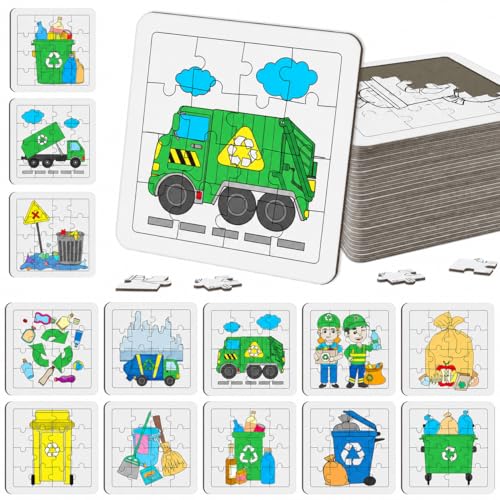 Cinrobiye 24PCS Garbage Truck Coloring Jigsaw Craft Kit for Kids, DIY Recycling Vehicle Activity Set Bulk with 12 Designs, Trash Day Birthday Party Favors, Classroom Learning Projects - color: Garbage