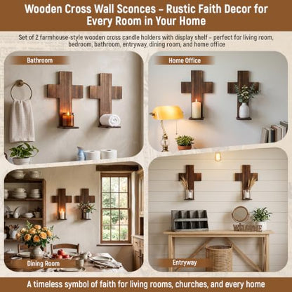 2 Pack Wooden Cross Wall Candle Sconces Farmhouse Hanging Wall Decor