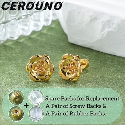 CEROUNO Flat Back Stud Earrings - 925 Sterling Silver Post Flatback Earrings Gold Silver Cubic Zirconia Earrings Studs for Women - color: Gold Flower