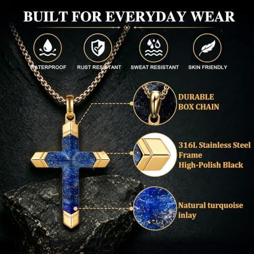 Lapis Lazuli/Amethyst Cross Necklace for Men Waterproof and Sweat-Resistant Suitable for both men and women With Adjustable Box Chain Christian Jewelry Father Day Gifts for Men - color: Blue&Gold